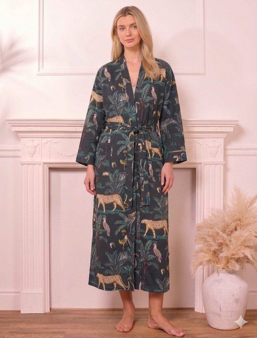 Waffle Cotton Screen Print Bathrobe - Black