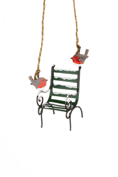 Robin sitting on a Park Seat Christmas Hagning Decoration