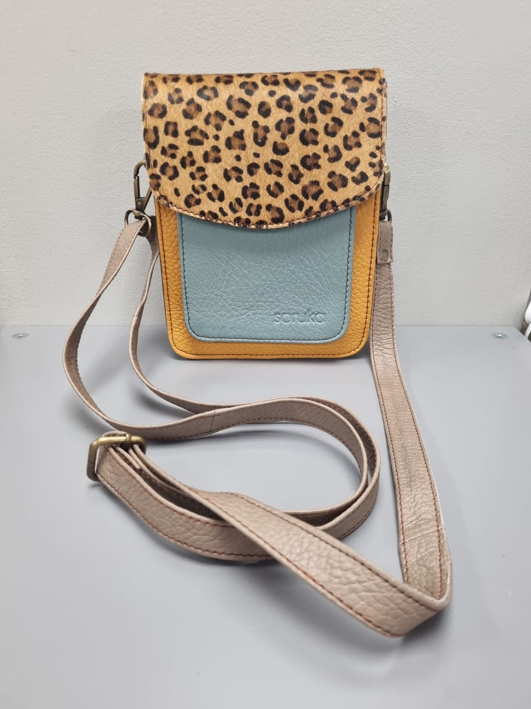 Aiko Leather Cross Body Bag -Mustard and Blue Leather with Animal Print