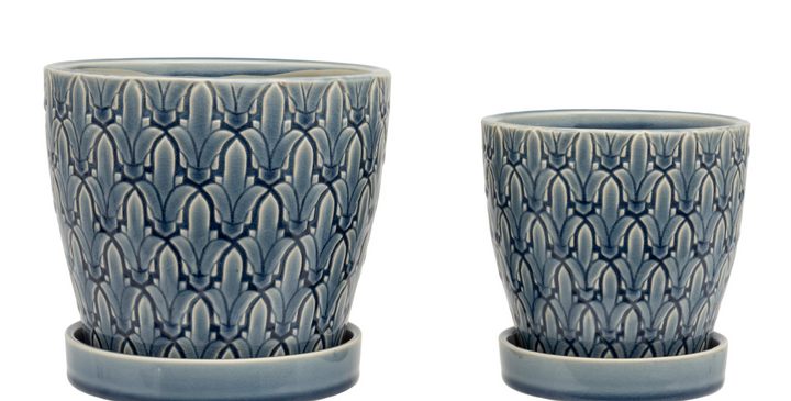 Pair Of Blue Deco Flower Pots With Trays