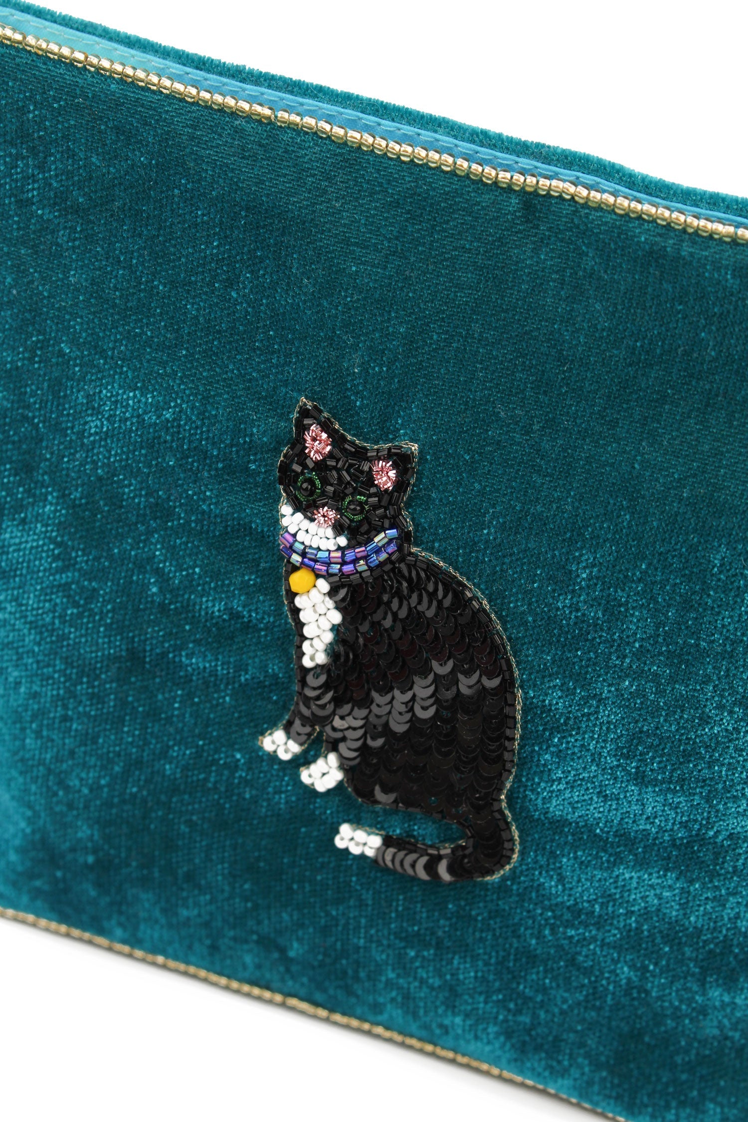Blue Velvet Black & White Cat Motif Purse - Medium