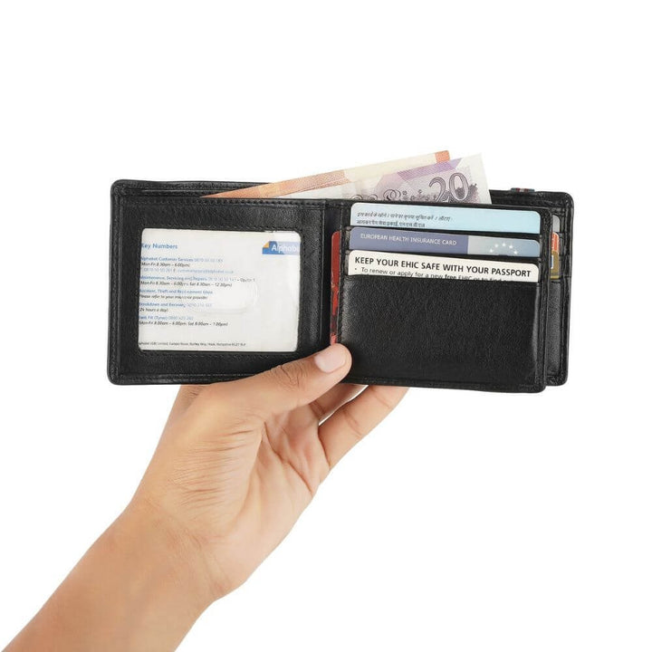 Leather Trifold Wallet with RFID & Elastic Closure - Rowan Hudson - Black