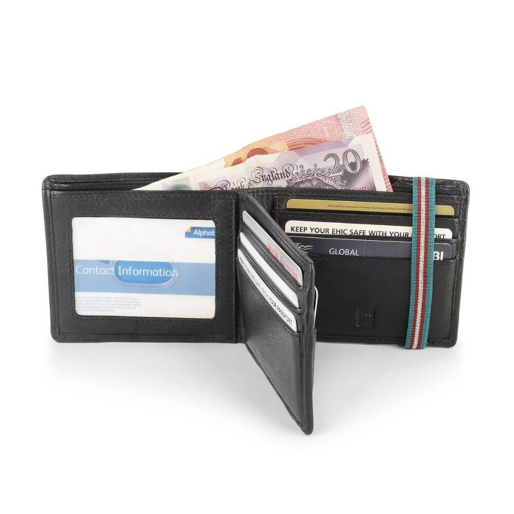 Leather Trifold Wallet with RFID & Elastic Closure - Rowan Hudson - Black