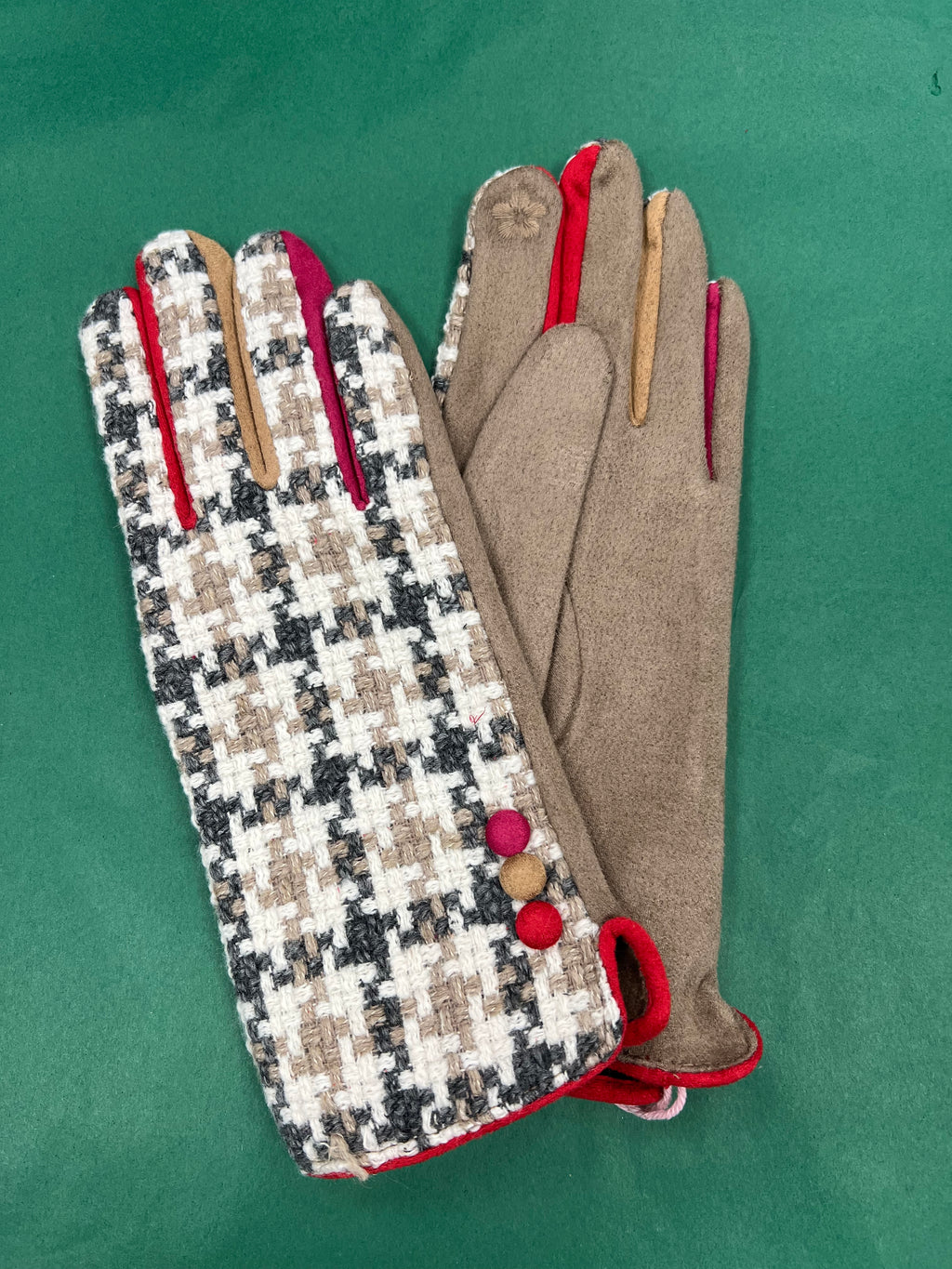Ladies Dog Tooth Check Gloves - Taupe