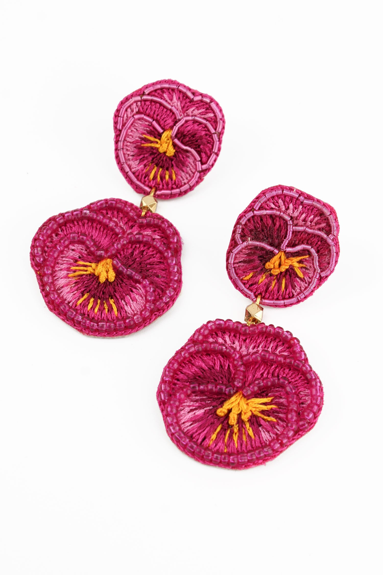 Dark Pink Pansy Double Drop Earrings