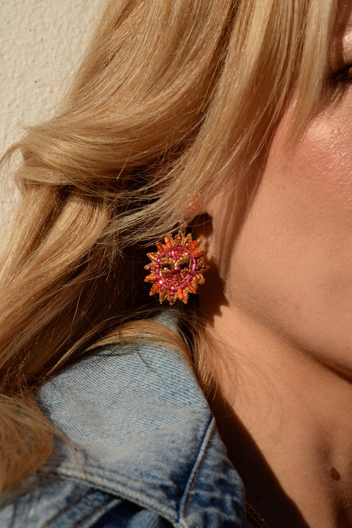 Orange And Pink Sun Face Earrings