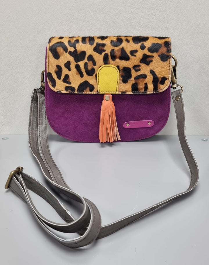 Lena Leather Cross Body Bag - Mauve Suede and Animal Print