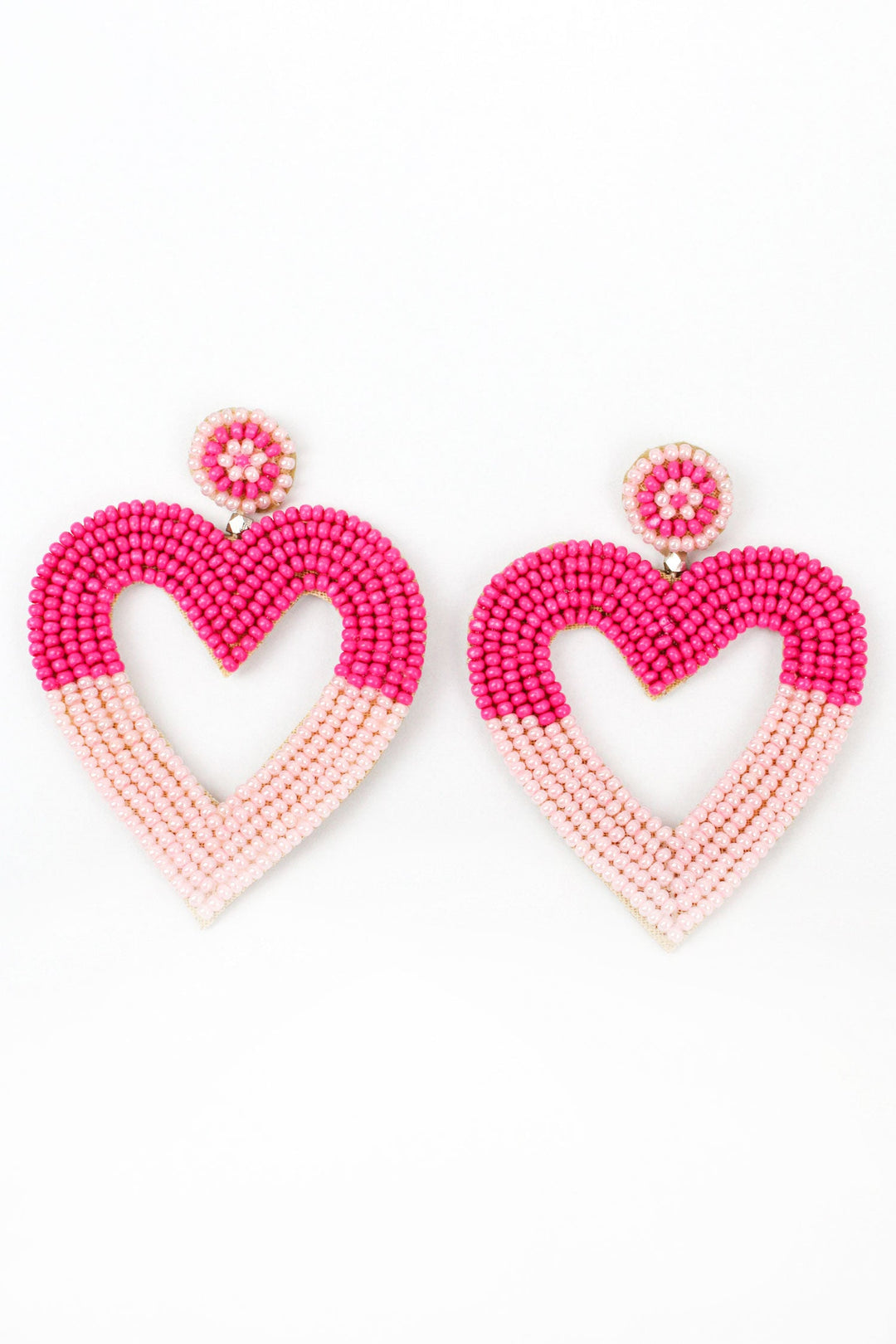 Two Tone Pink Beaded Heart Earrings
