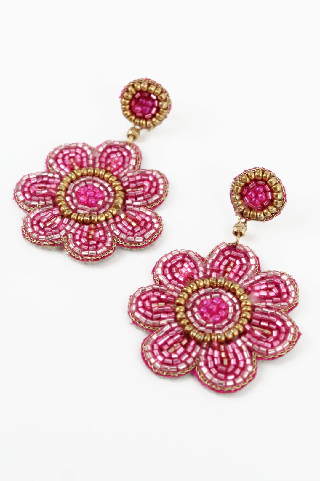 Pink Floral Beaded  Drop Earrings