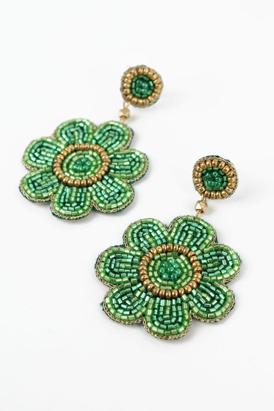 Green Floral Beaded  Drop Earrings