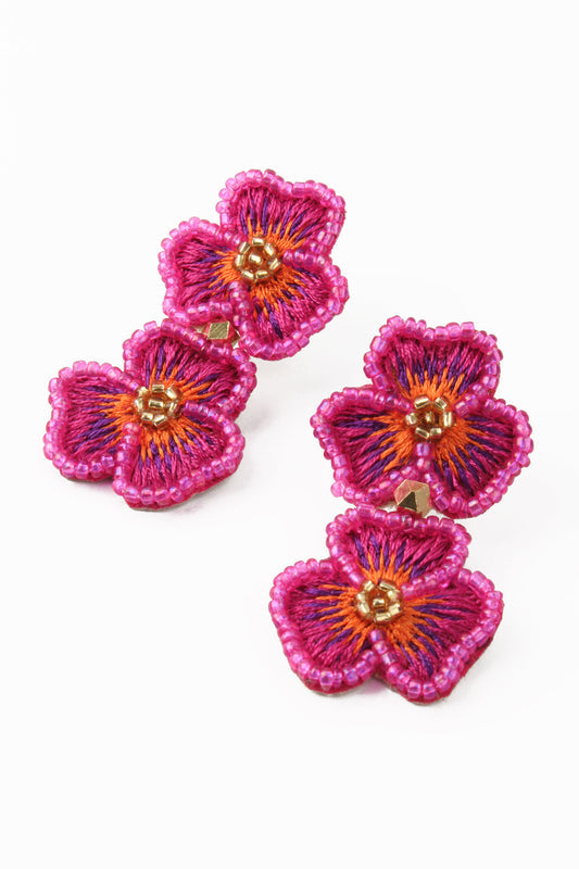 Fuchsia Pansy Double Drop Earrings