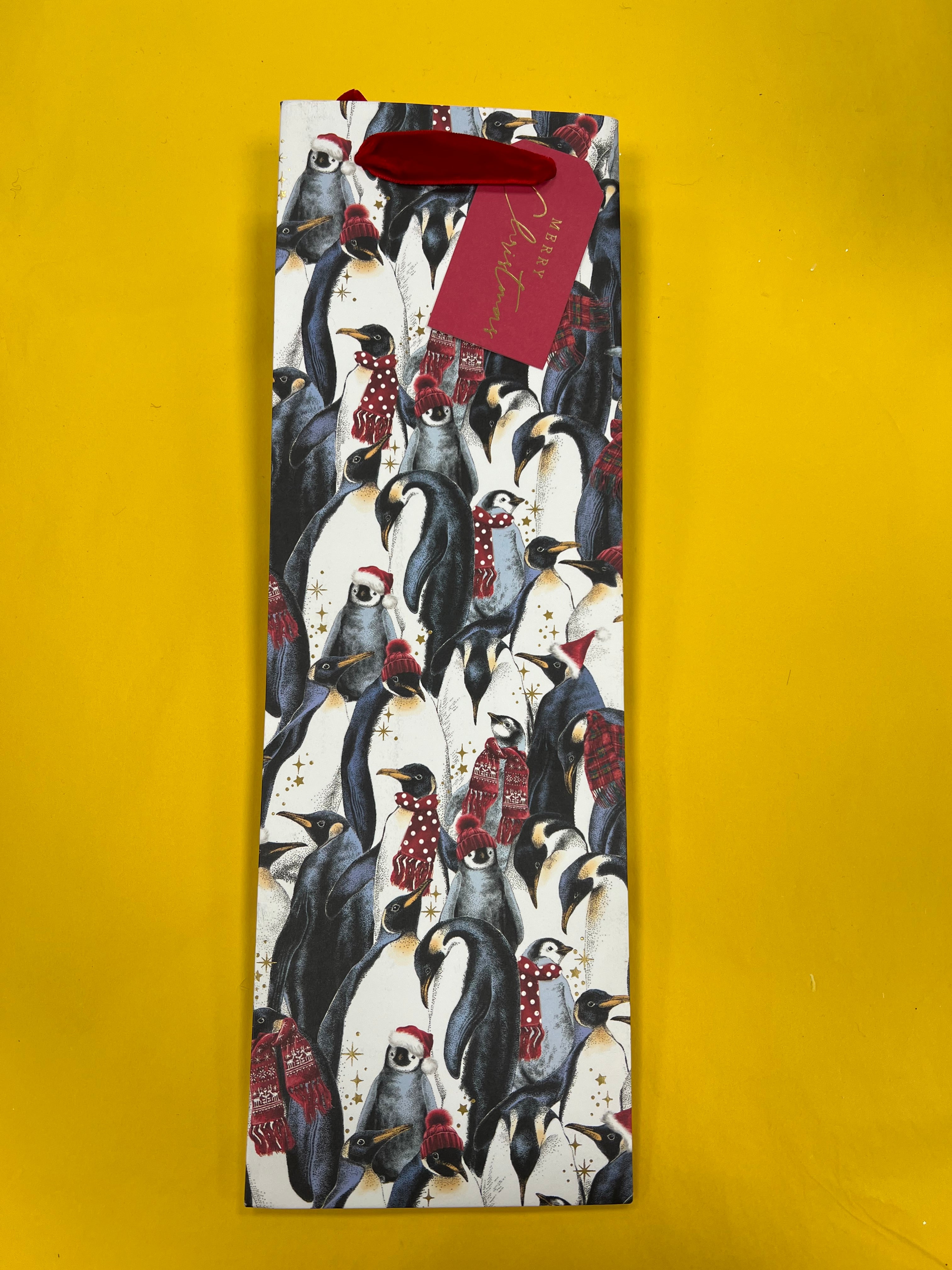 Festive Penguins Bottle Gift  Bag