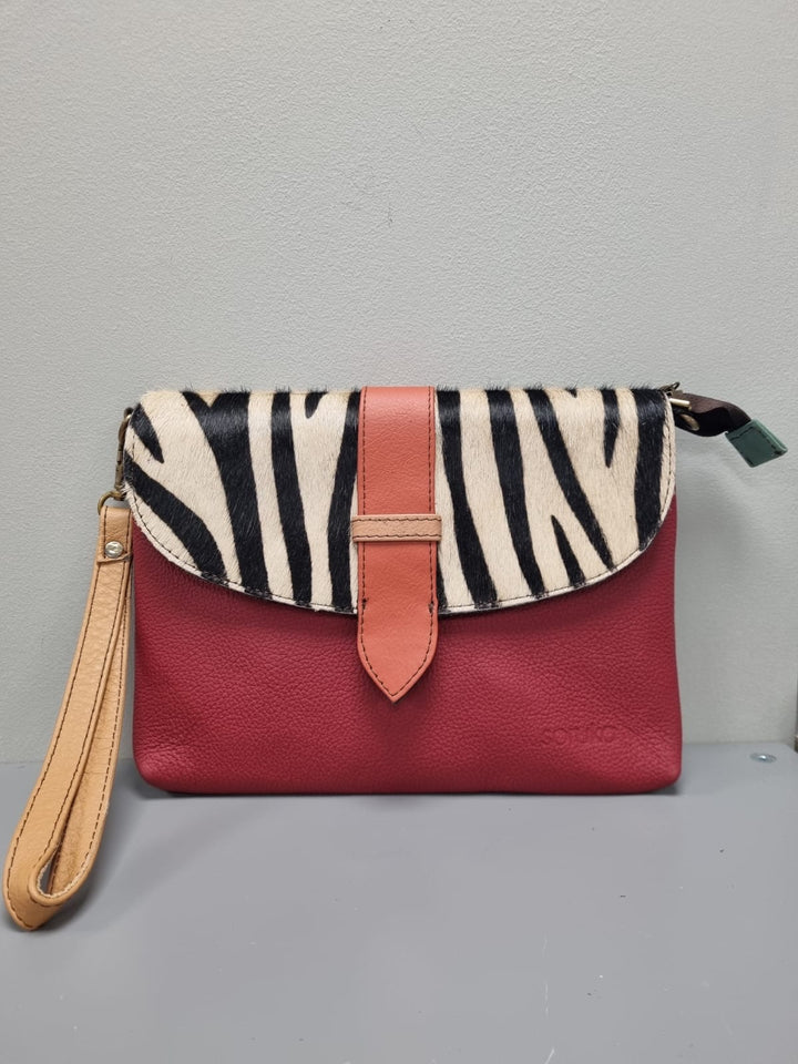 Saddle Leather Cross Body Bag -Red Leather & Animal Print