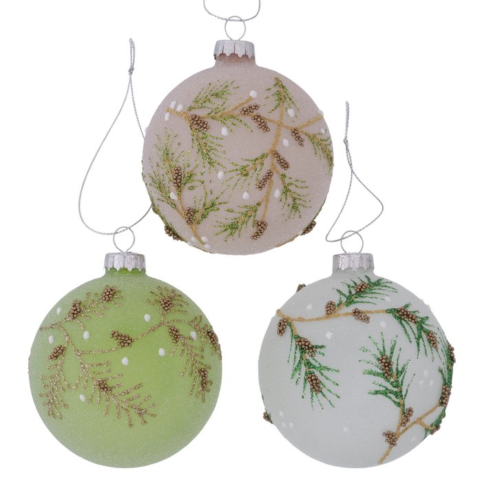 Frosted Bauble with Pine Cone Branch Design