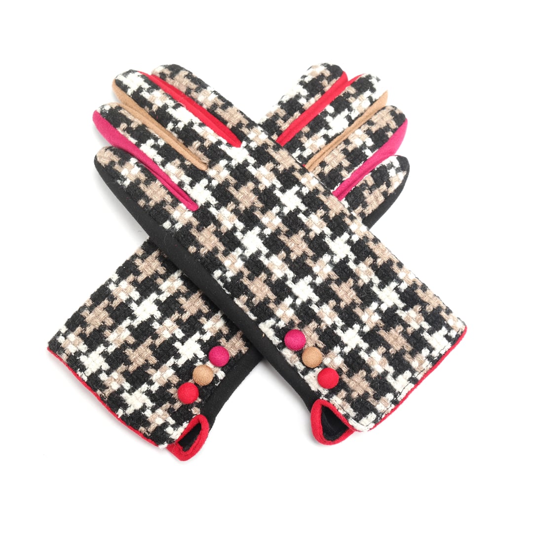 Ladies Dog Tooth Check Gloves - Black