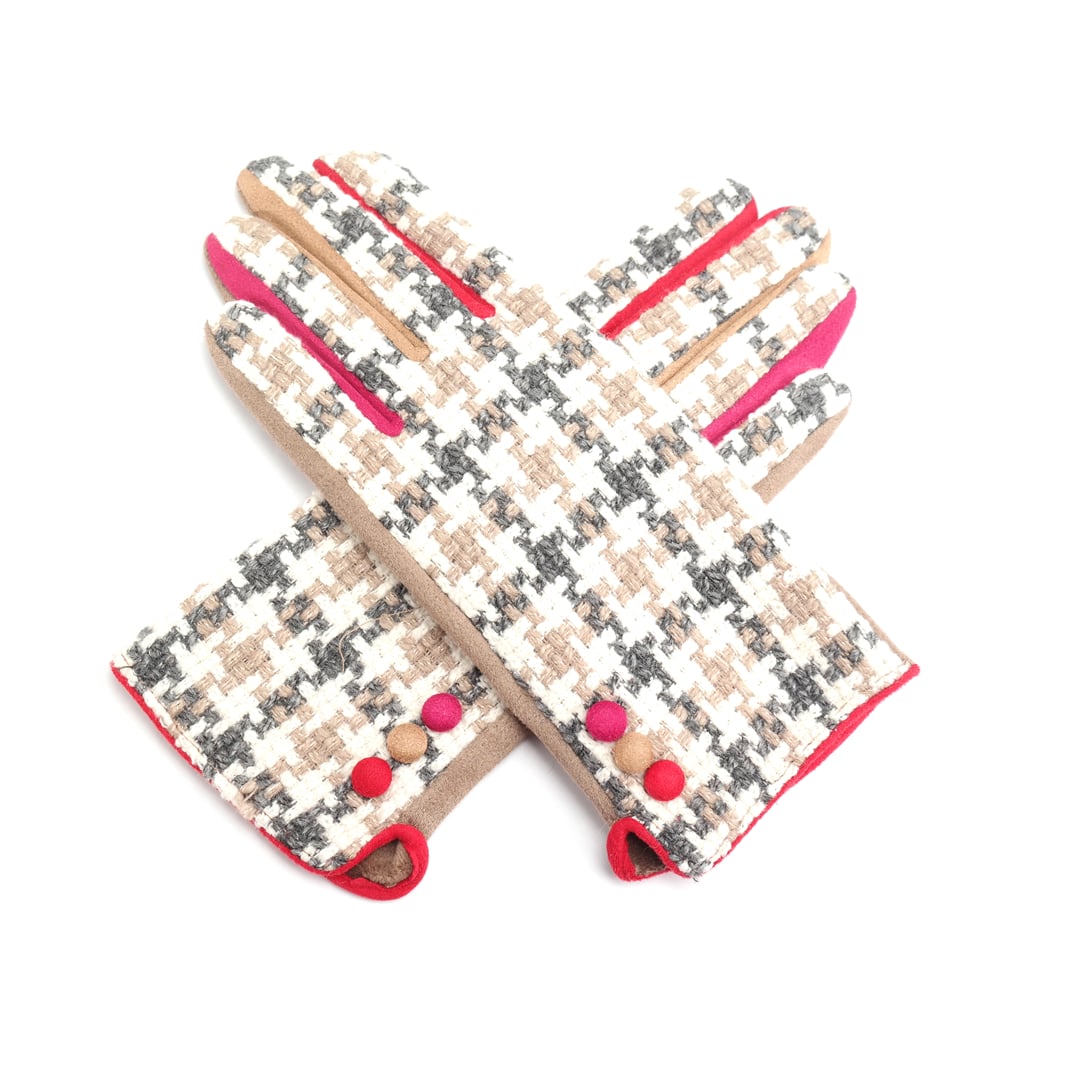 Ladies Dog Tooth Check Gloves - Taupe