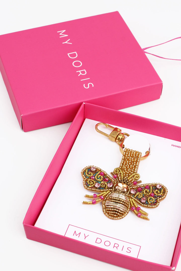 Gold And Pink Bee Beaded Keyring