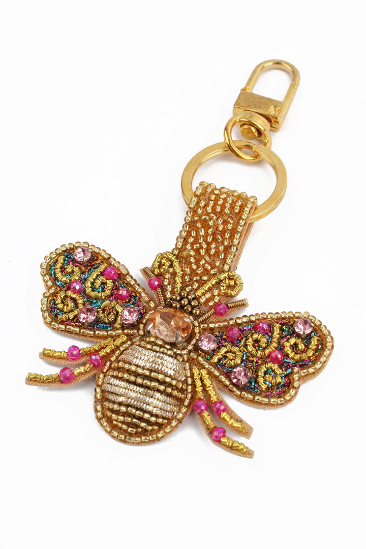 Gold And Pink Bee Beaded Keyring