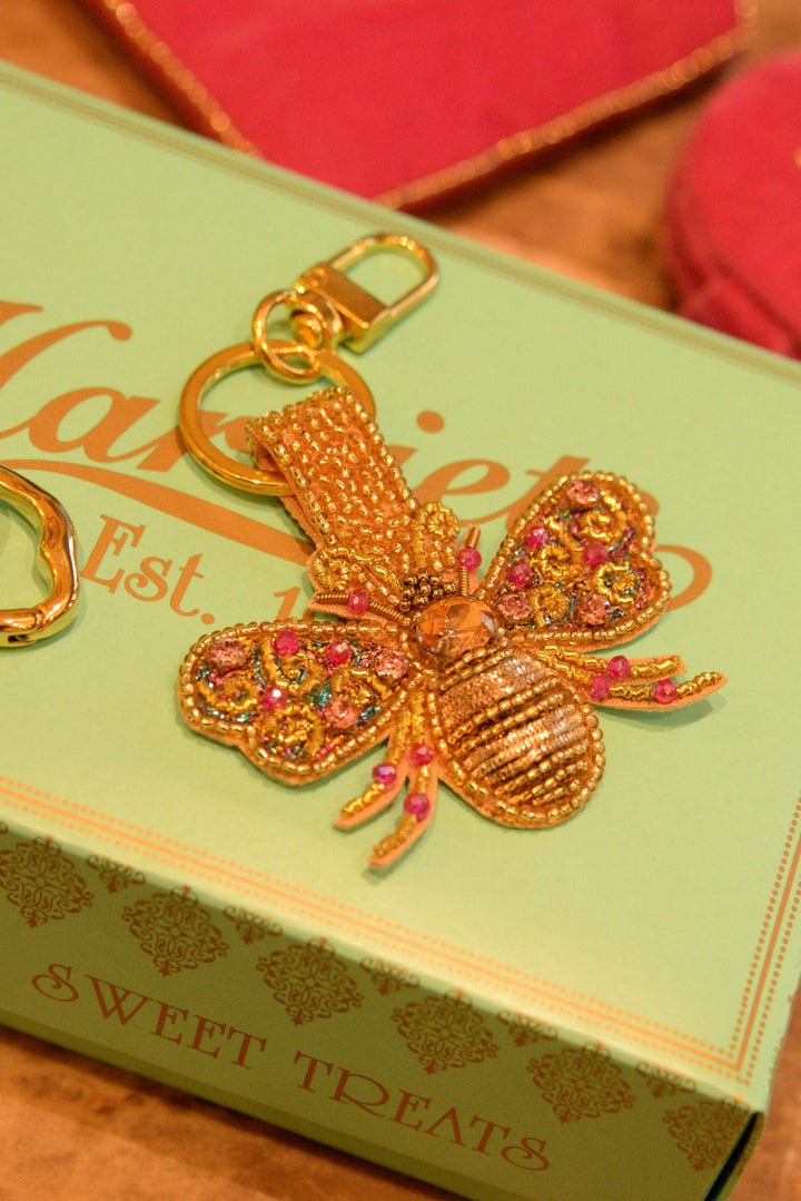 Gold And Pink Bee Beaded Keyring