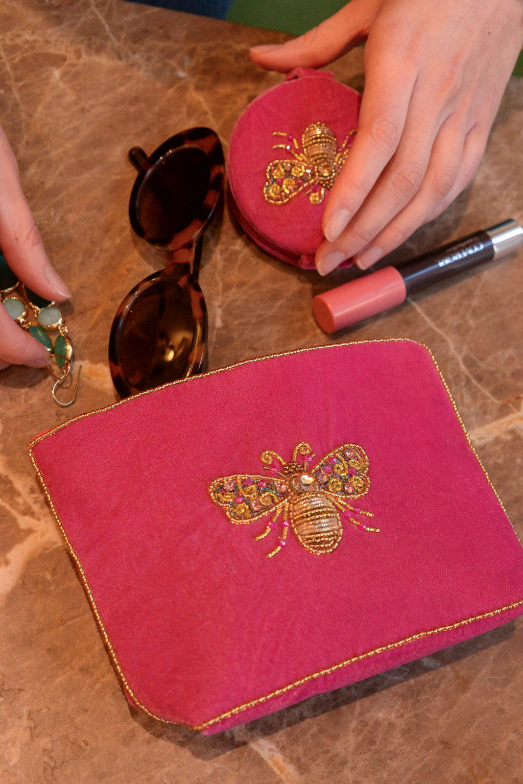 Gold And Pink Bee Beaded Purse - Medium