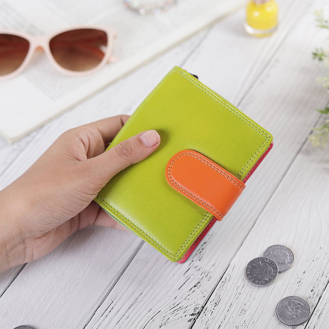 Soft Colourful Leather Trifold Purse - Camellia London / Green-Multi