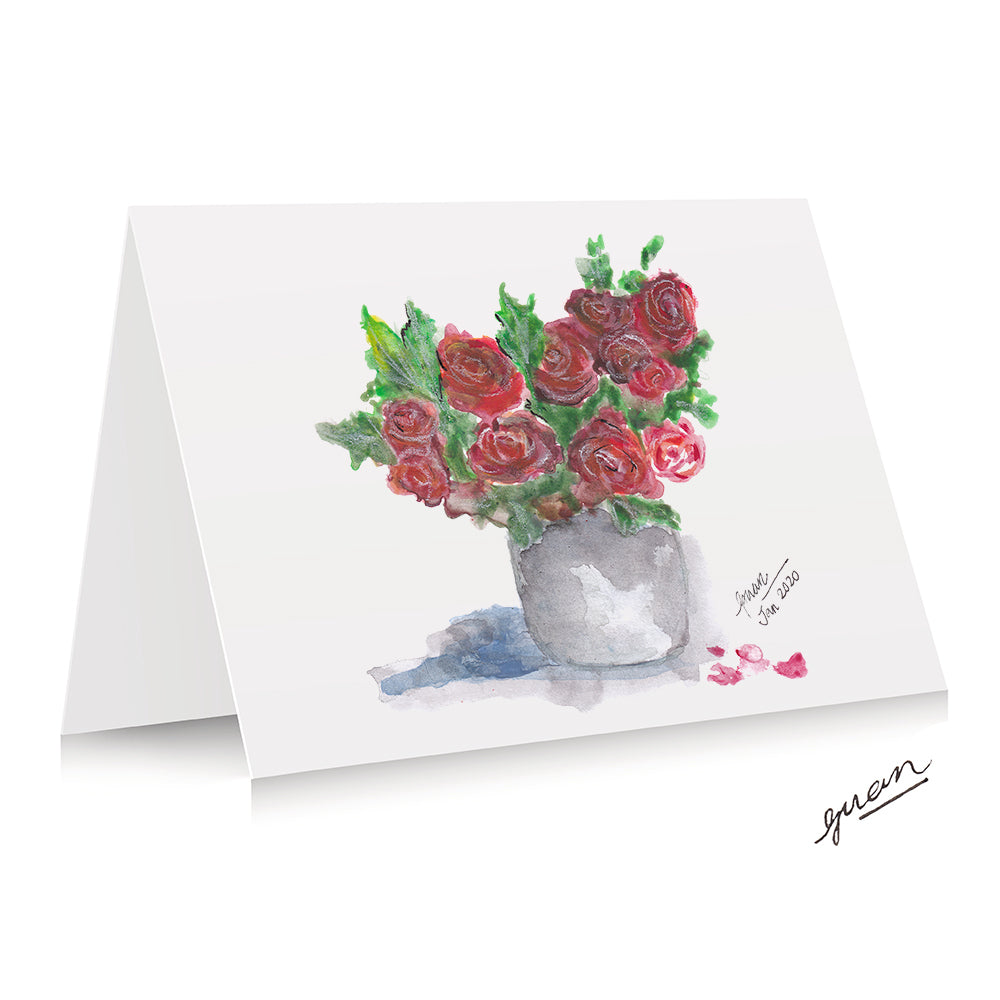 Vase Of Red Roses Greetings Card