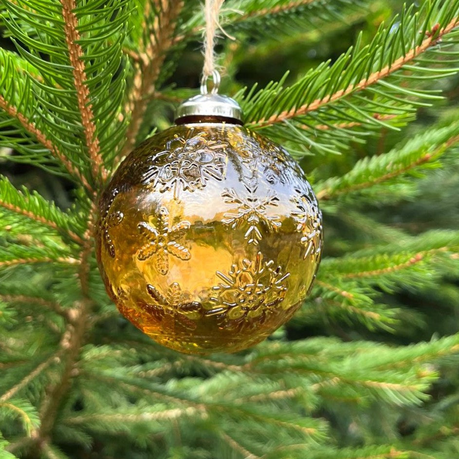 Patterned Recycled Glass Bauble - Yellow/Gold