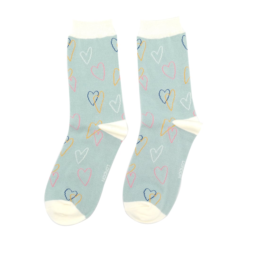 Ladies Bamboo Socks Sketch Hearts - Duck Egg