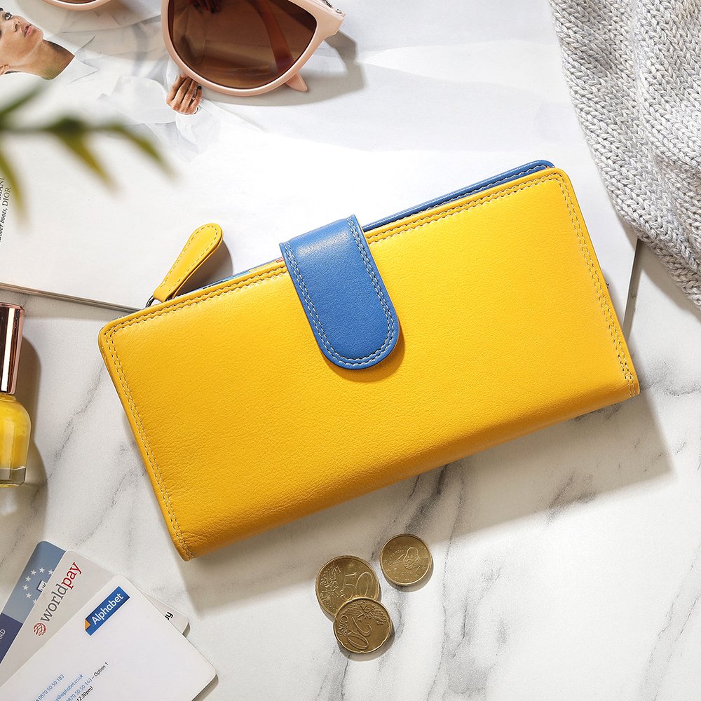 Long Leather Bifold Purse - Victoria London /Yellow-Multi
