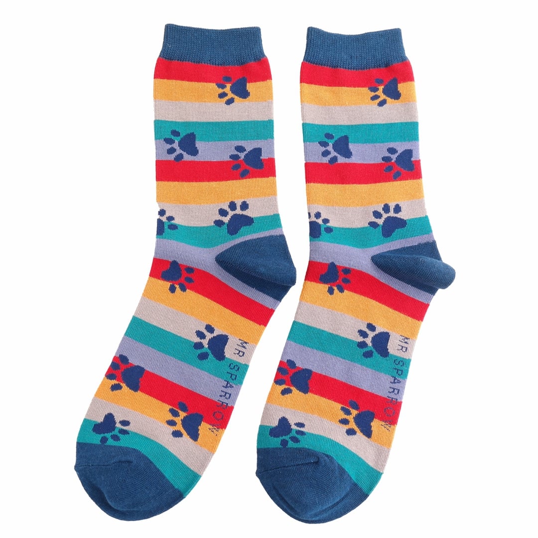 Mens Bamboo Socks - Paw Prints & Stripes
