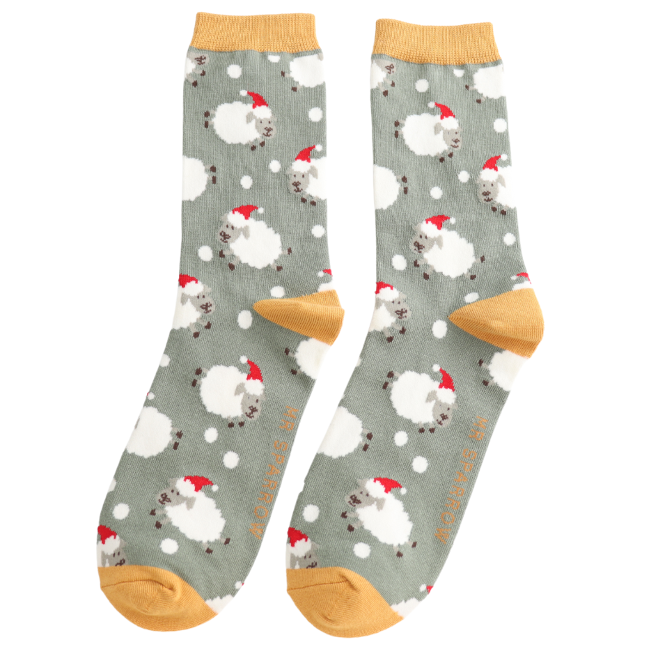 Mens Bamboo Socks Green - Santa Sheep