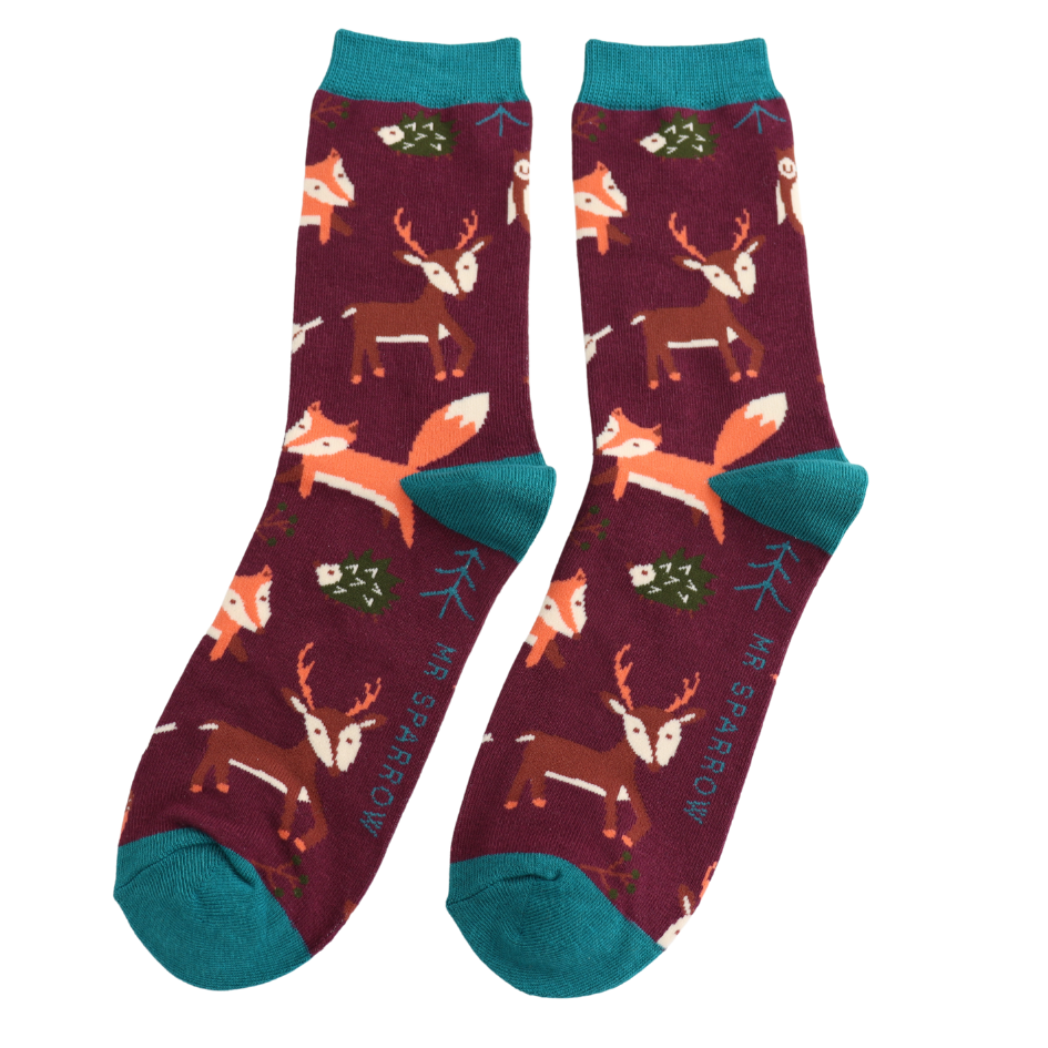 Mens Bamboo Socks Aubergine - Woodland Animals