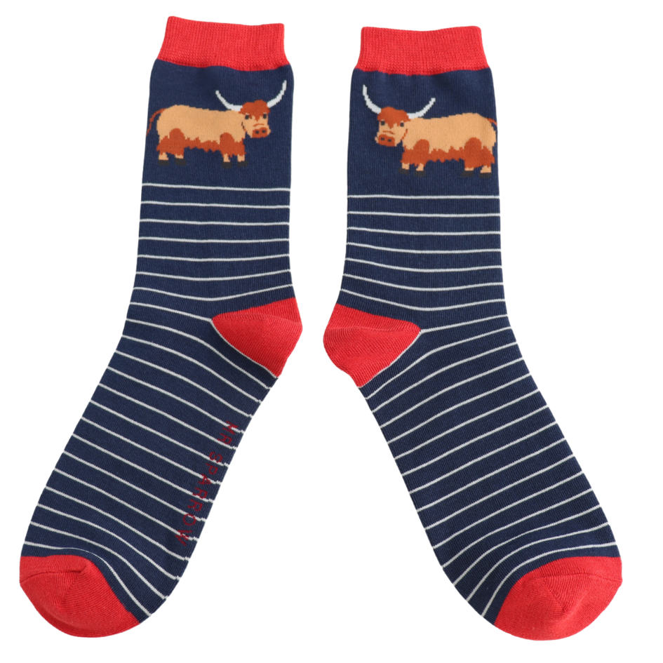 Mens Bamboo Socks Navy - Highland Cow & Stripes