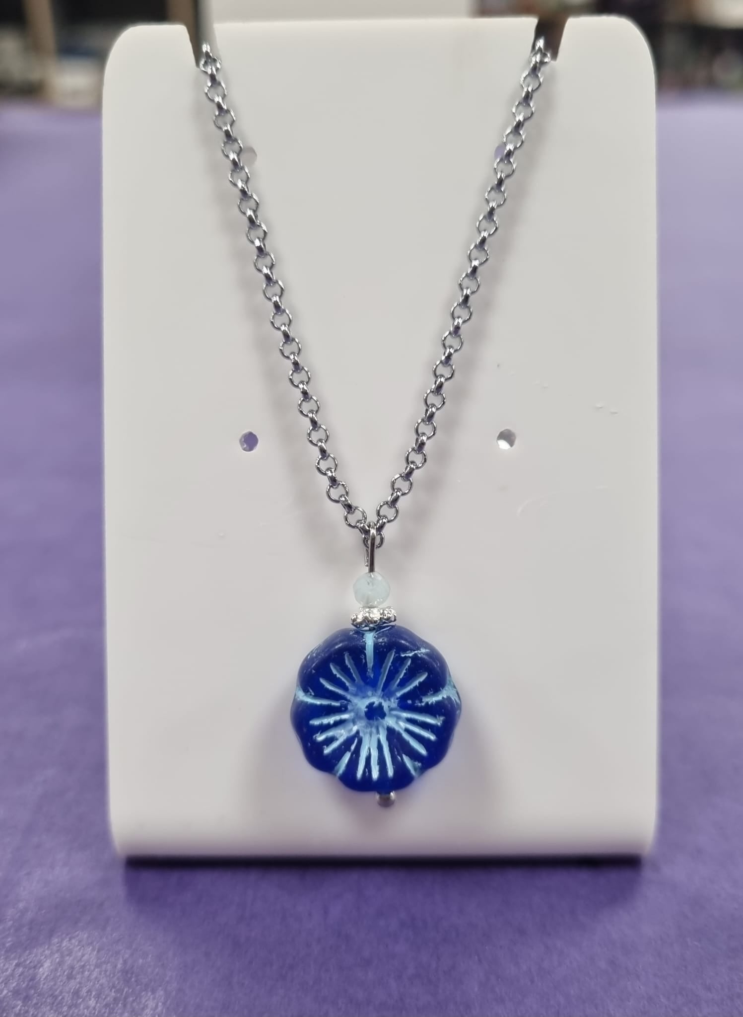 Aquamarine Gemstone, Blue Pansy Chain Necklace