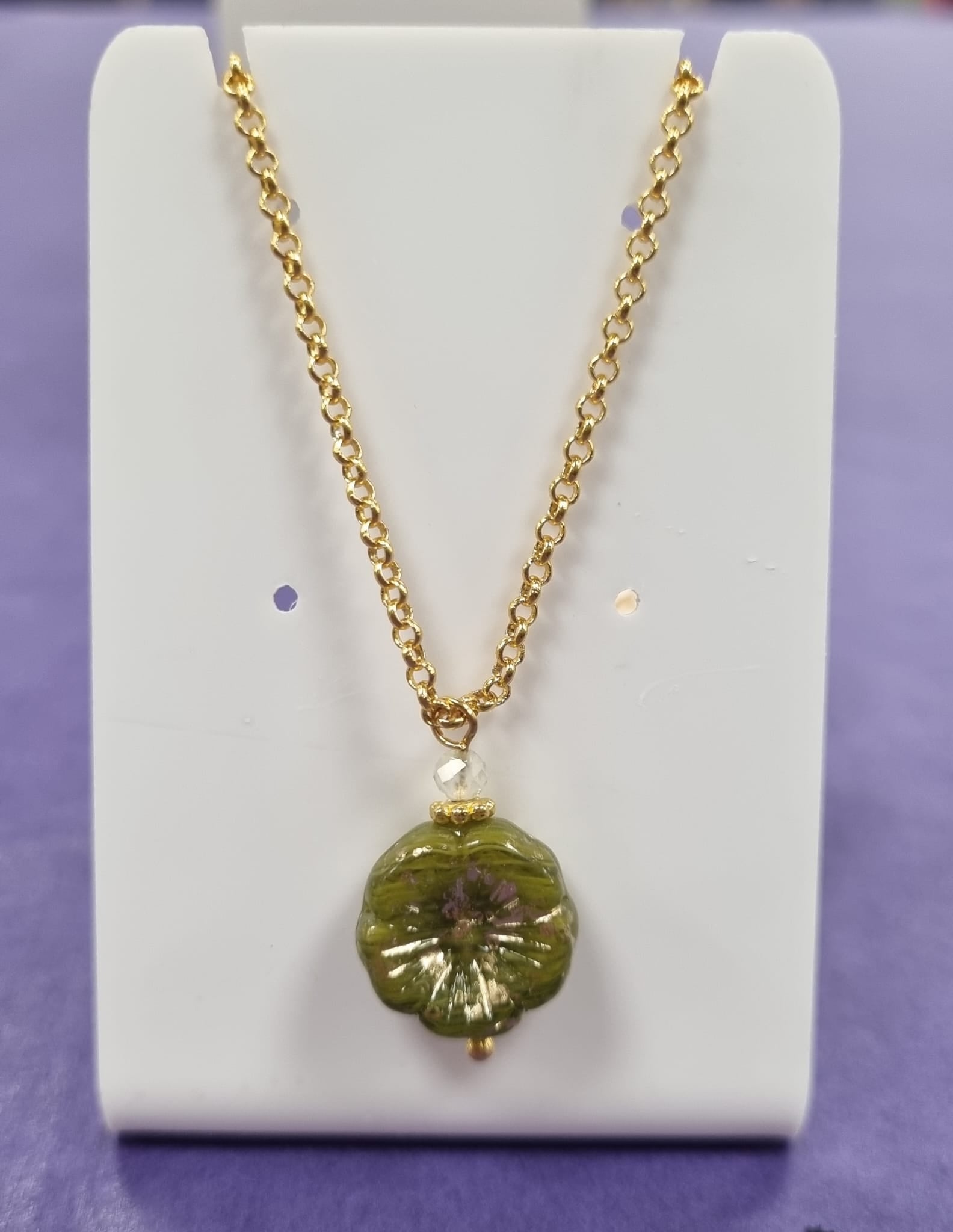 Prehnite Gemstone, Green Pansy Chain Necklace