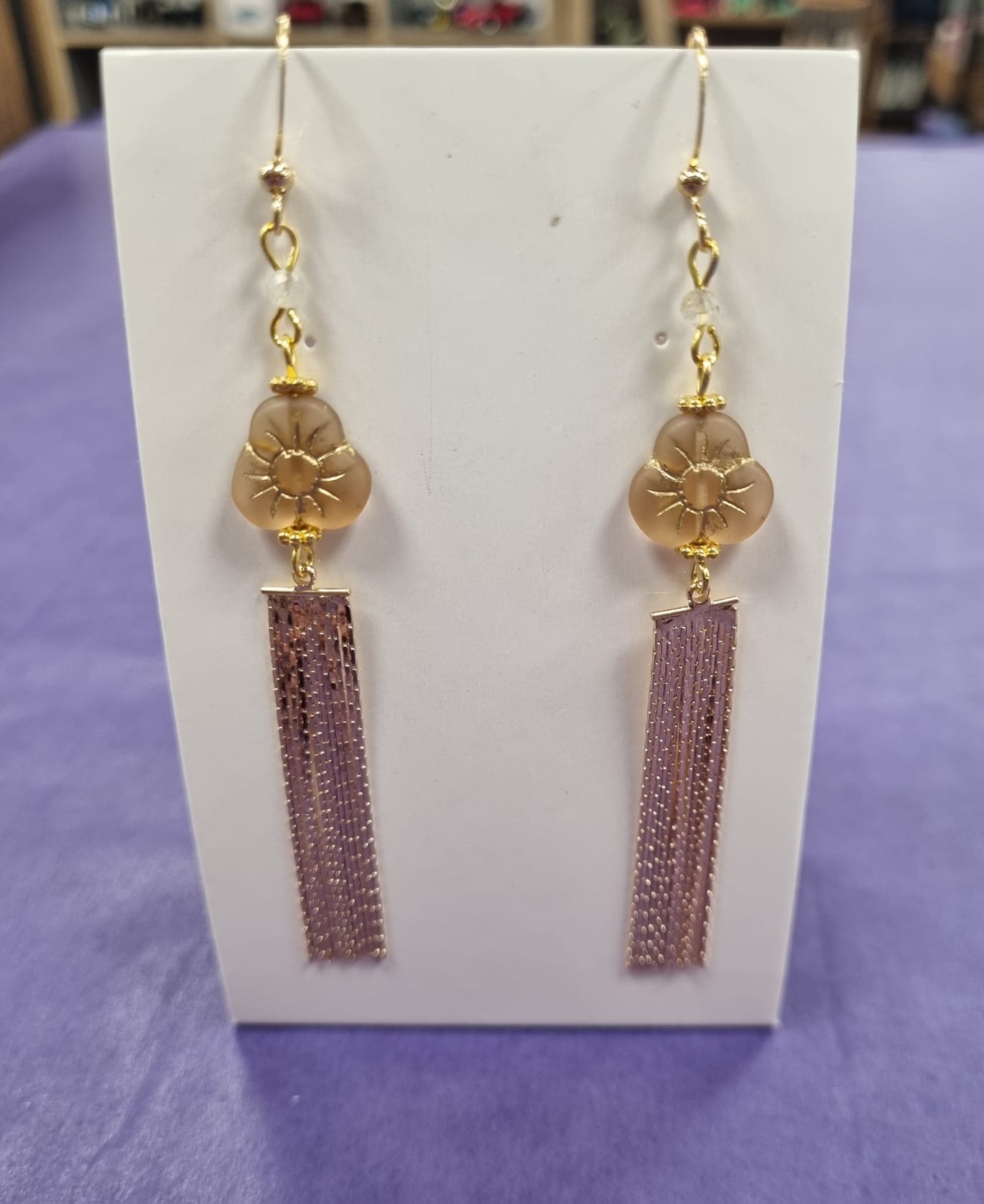 Gold Quartz Gemstone, Gold Pansy Tassel Earrings