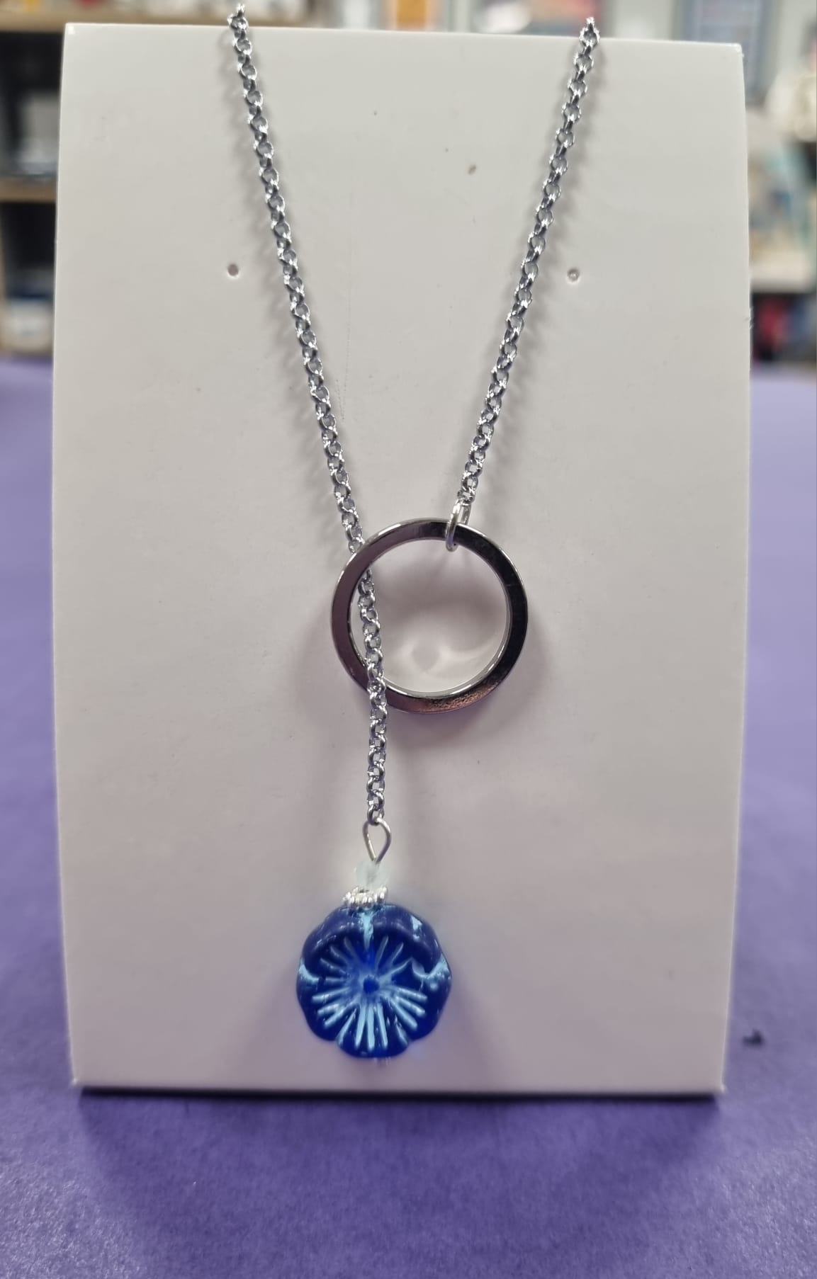 Aquamarine Gemstone, Blue Pansy Lariat Necklace