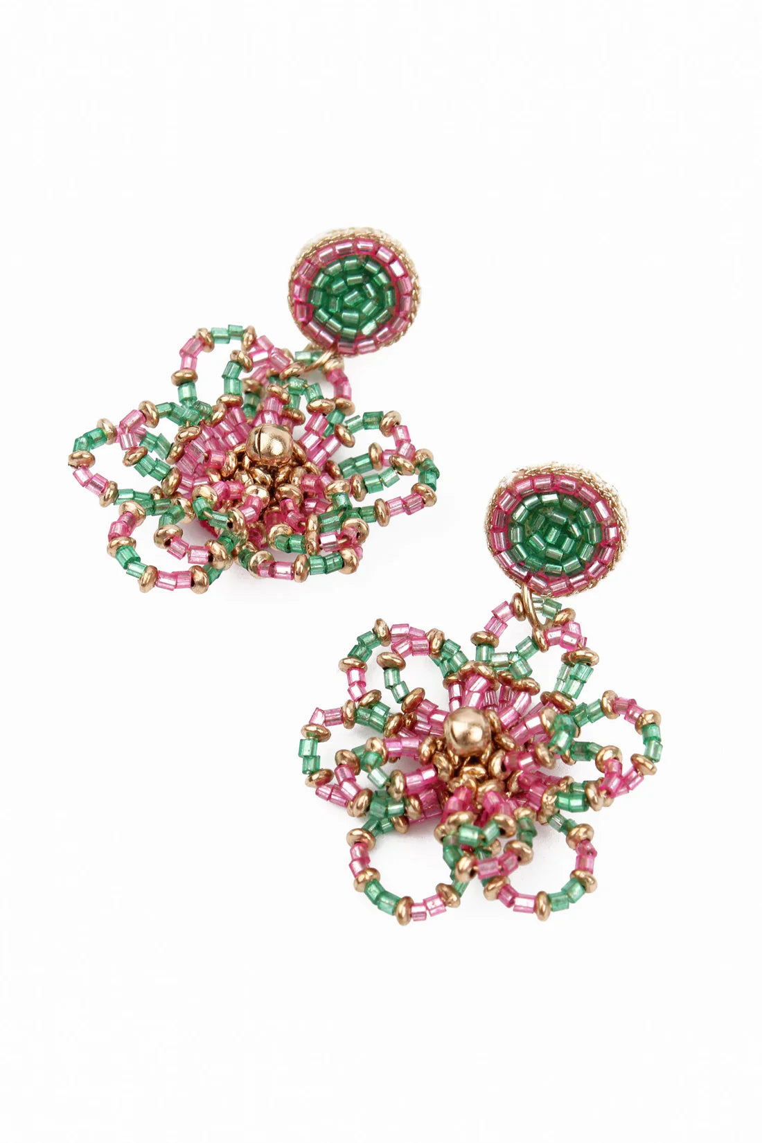 Pink & Green Beaded Flower Earrings