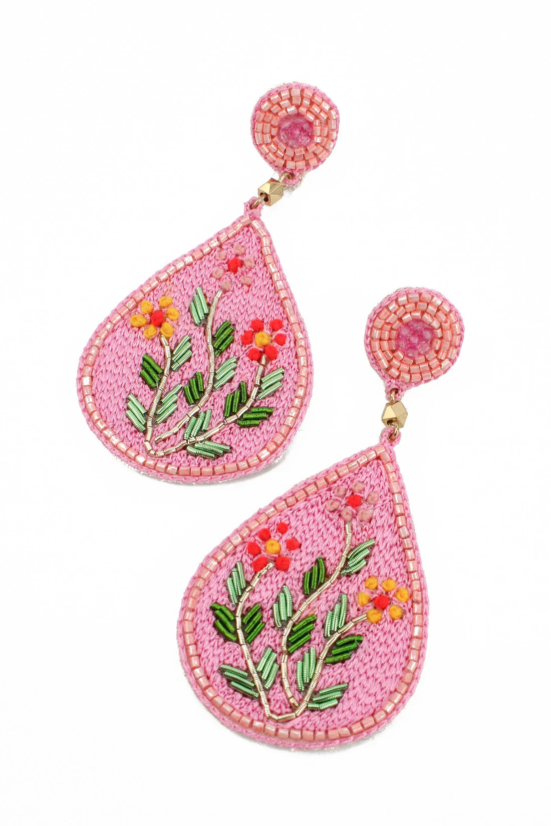 Pink Embroidery Folk Floral Drop Earrings