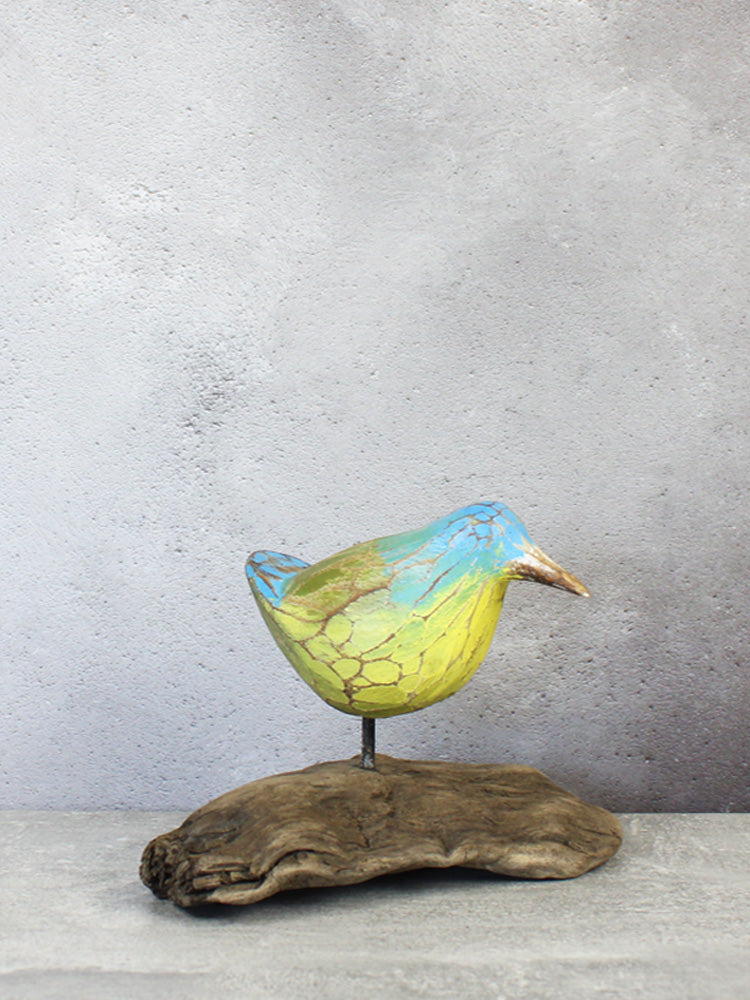 Wooden Bird on Natural Root Base - Blue/Yellow