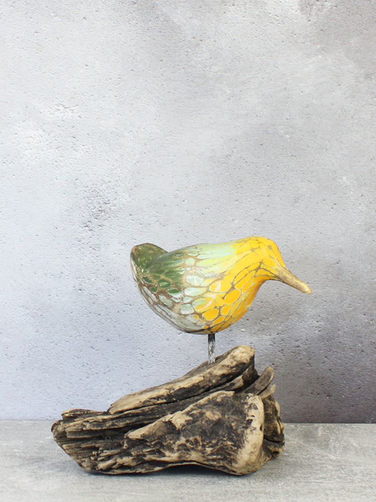 Wooden Bird on Natural Root Base - Green/Yellow
