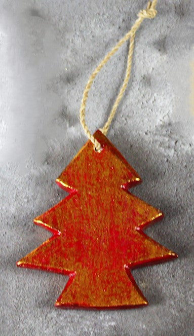 Hanging Wooden Christmas Trees - Red/Gold