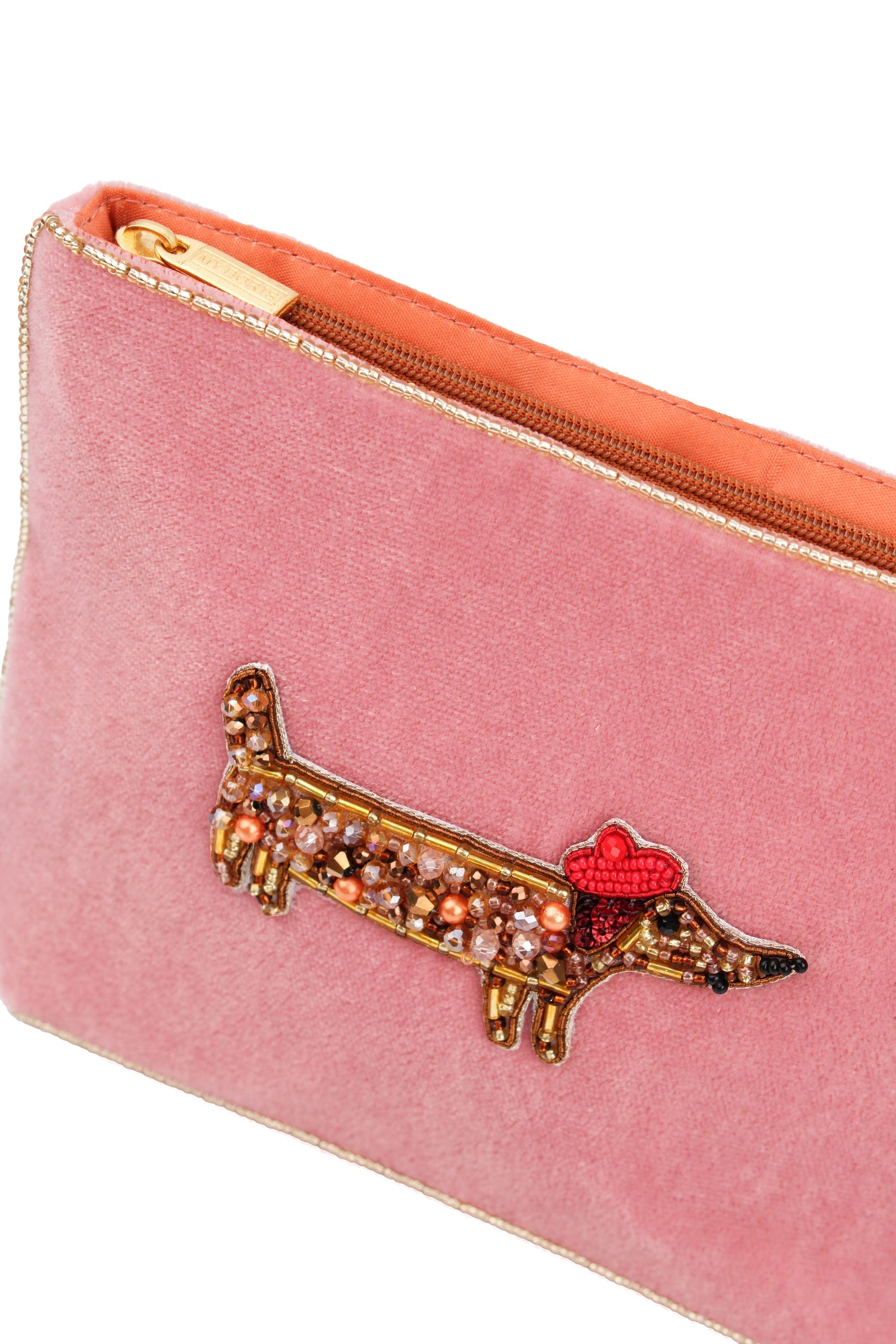 Pink Velvet Sausage Dog Motif Purse - Medium