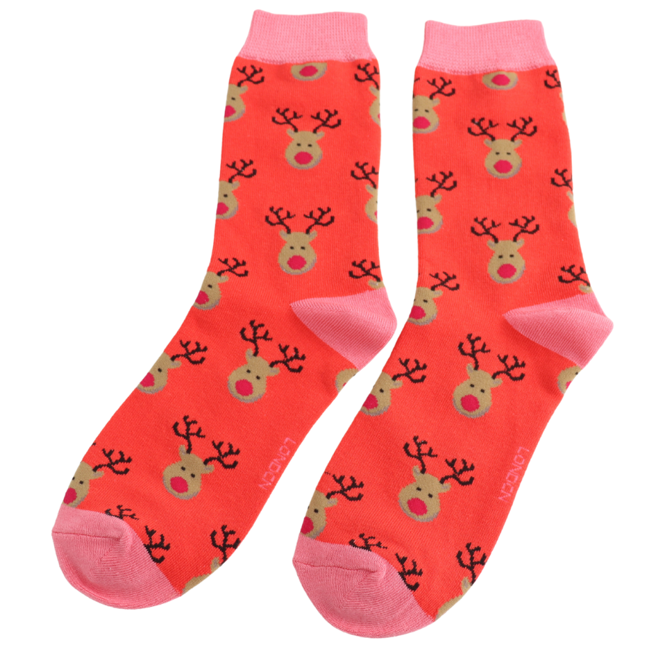 Ladies Bamboo Socks Red - Reindeer