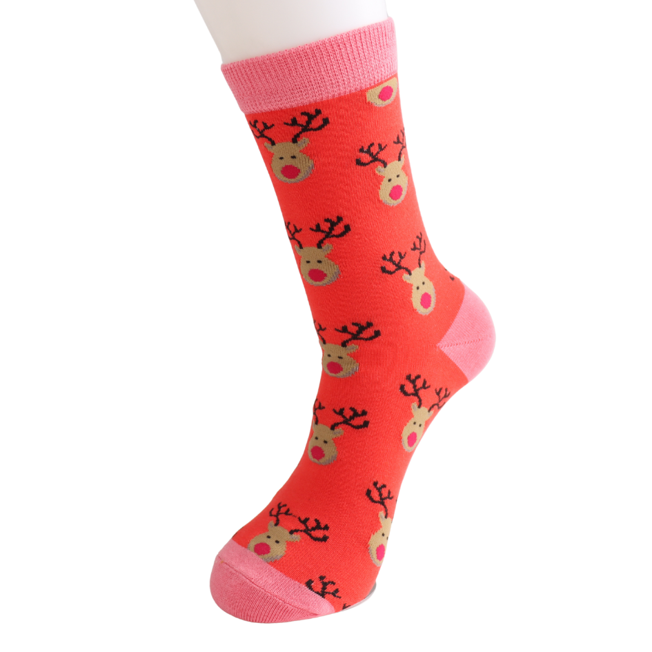 Ladies Bamboo Socks Red - Reindeer