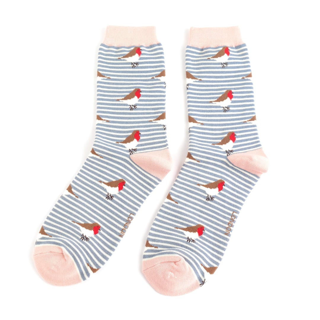 Ladies Bamboo Socks Robins On Stripes