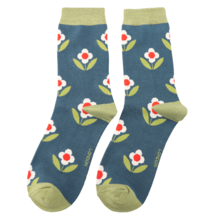 Ladies Bamboo Socks Retro Daisies - Teal