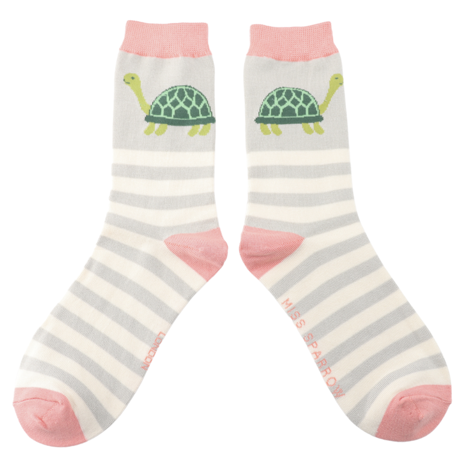 Ladies Bamboo Socks Turtles And Stripes- Silver Grey