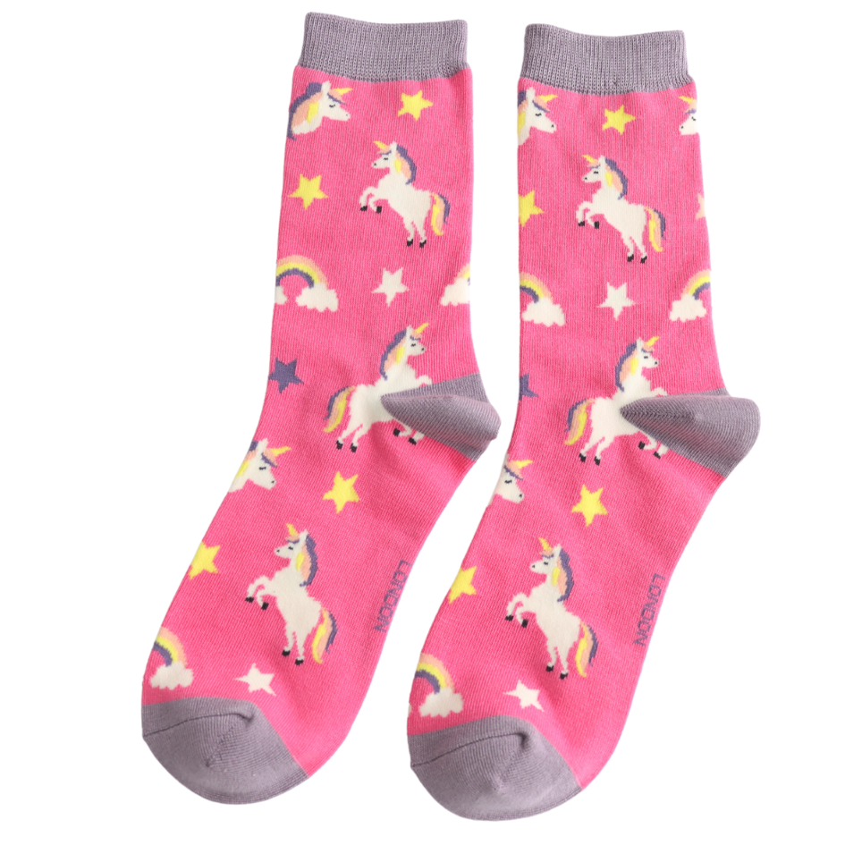 Ladies Bamboo Socks Unicorns - Hot Pink