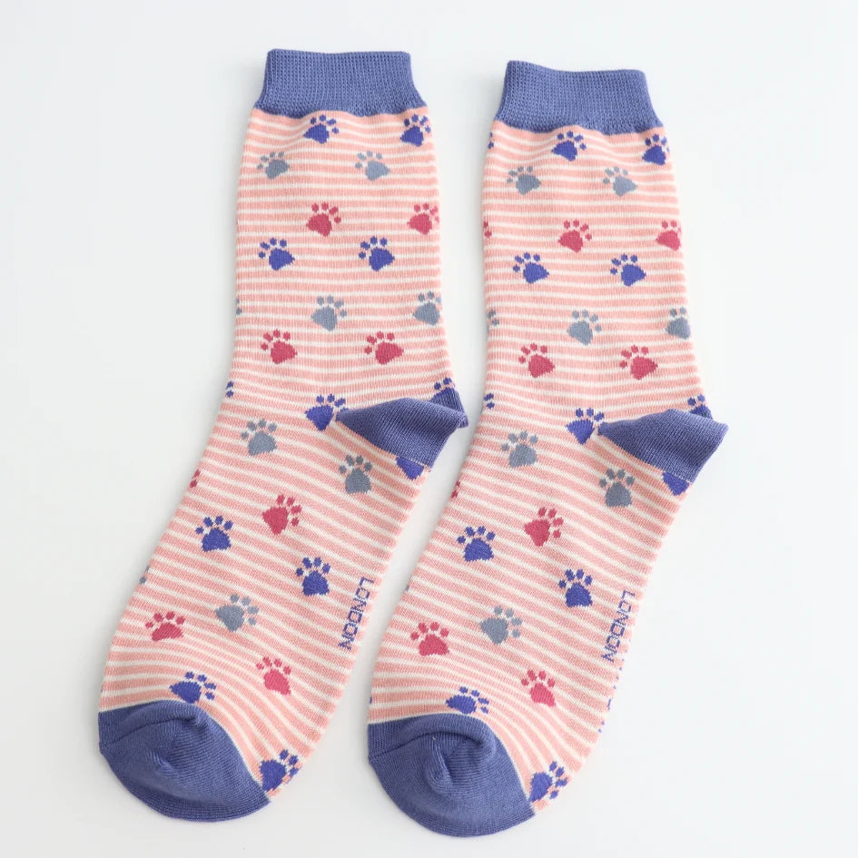Ladies Bamboo Socks Paws and Stripes - Dusky Pink
